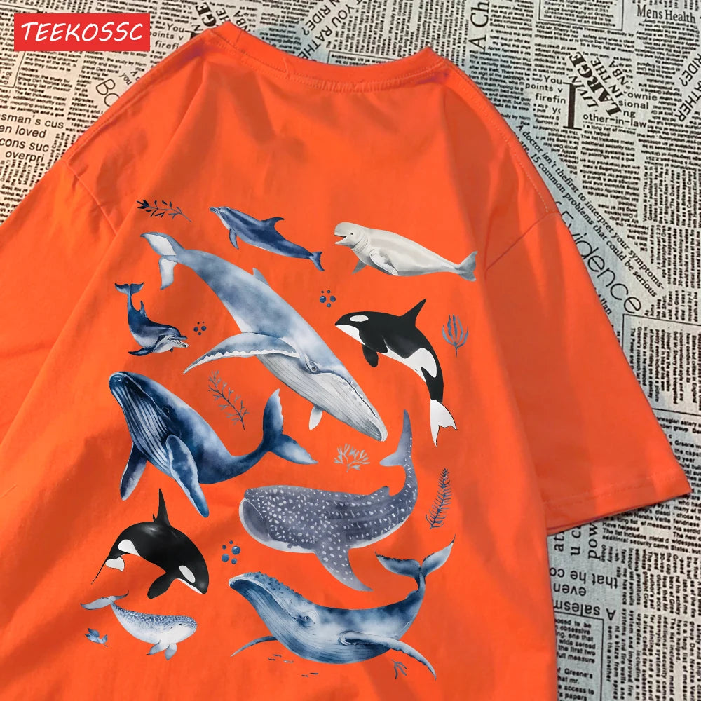 Fashion Cotton Women'S T-Shirts Ocean And Whales Printing Tops Oversize O-Neck Soft Short Sleeve Summer Casual Female Clothes.