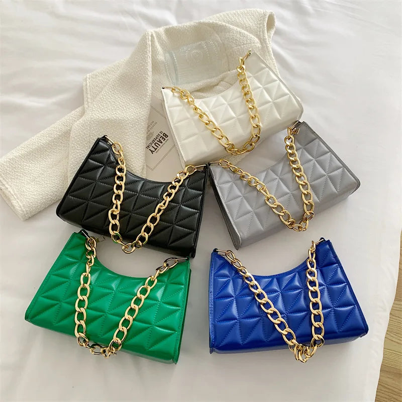 100% Polyurethane Solid Color Stitching Underarm Bag Chain One-shoulder WOMEN'S Bag.