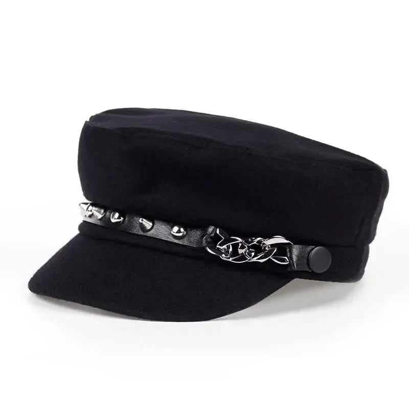 Unisex Studded Chain Military Cap - Flat Top Baseball Hat for Outdoor Sports and Sunscreen Protection.