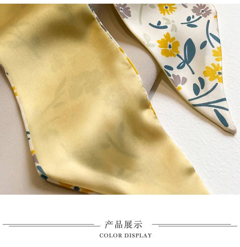 Elegant Yellow and White Silk Scarf for Women - Versatile Hair Tie and Bag Accessory for Spring and Summer.