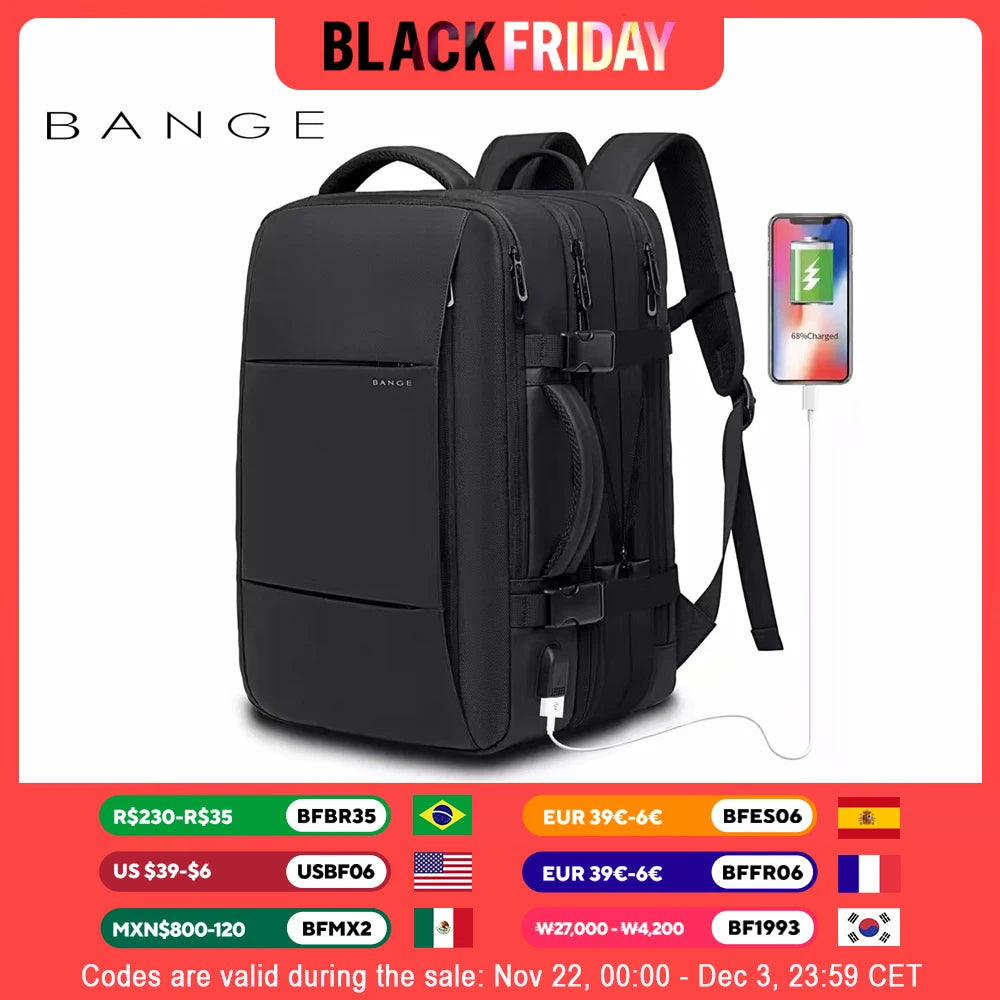 BANGE Travel Backpack Men Business Backpack School Expandable USB Bag Large Capacity 17.3 Laptop Waterproof Fashion Backpack.