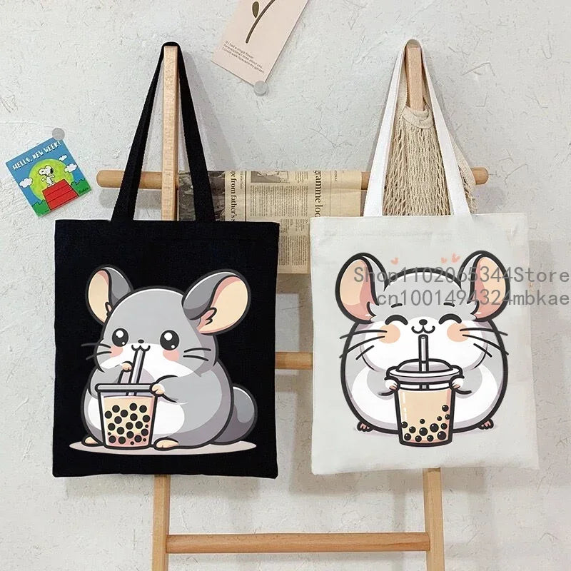 Cute Mouse Bobo Tea Pattern Canvas Shoulder Bag Women Animal Milk Tea Graphic Tote Bags Panda Frog Cartoon Women Shopping Purse.