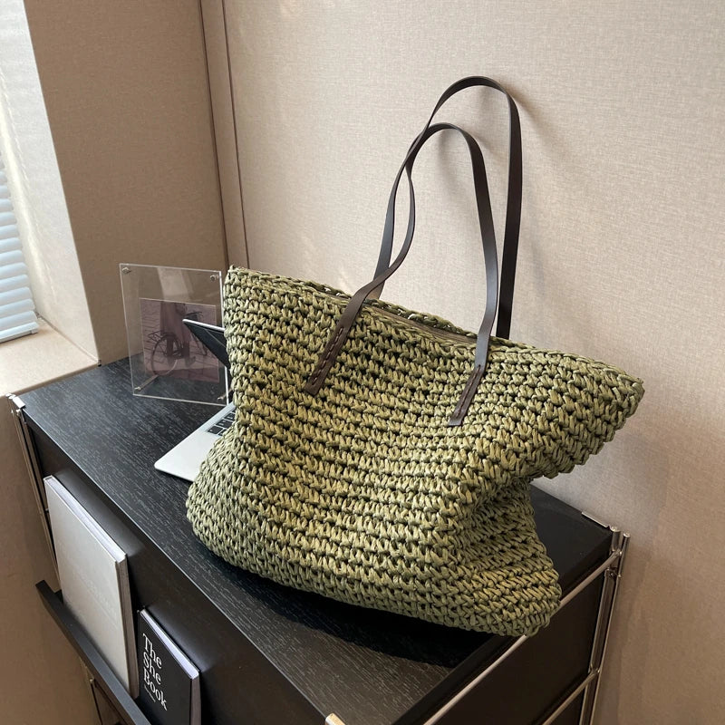 MOODS Luxury Design Straw Woven Tote Bags For Women Large Capacity Shoulder Beach Bag Pure Color Summer New Big Shopping Handbag.