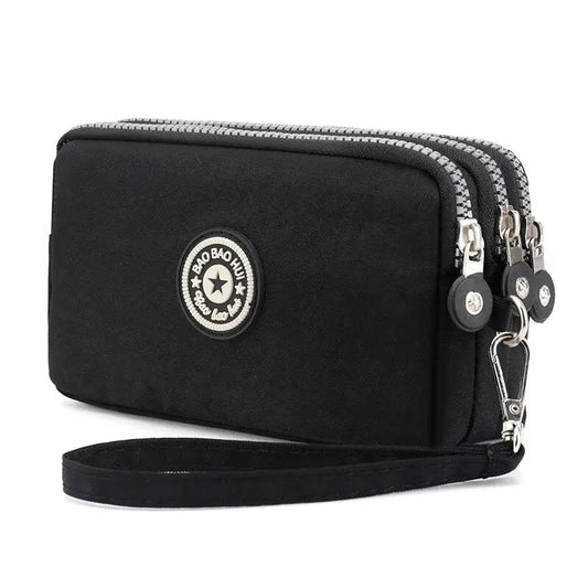 Solid Color Coin Purse Women Handbag Small Wallet Wrinkle Fabric Phone Purse Three Zippers Portable Make Up Bag.