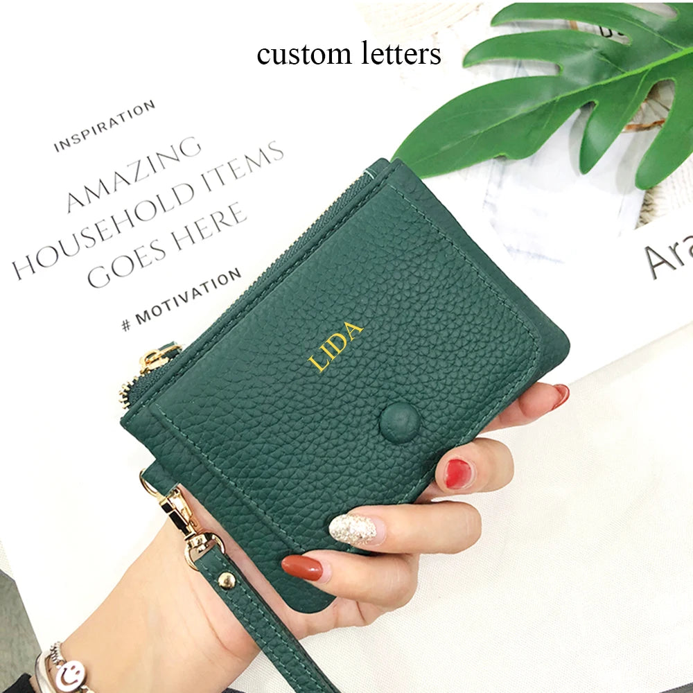 Custom Letters Women Coin Purse Genuine Leather Lady Keychain Card Holder Small Lanyard Wallet Personalize Name Zip Wristlet Bag.