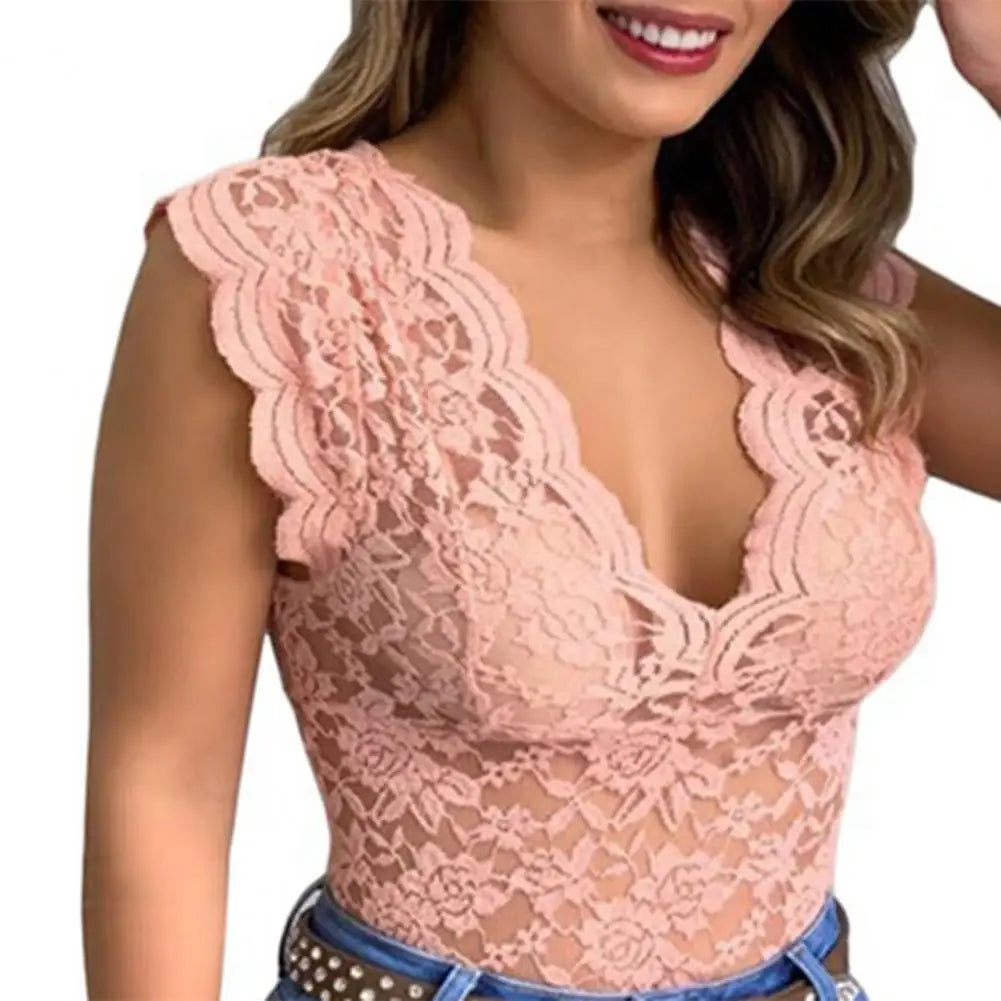 Sexy Deep V Neck Sleeveless Lace Blouse Shirts Summer Fashion Women Lace Patchwork Pullover Tops.