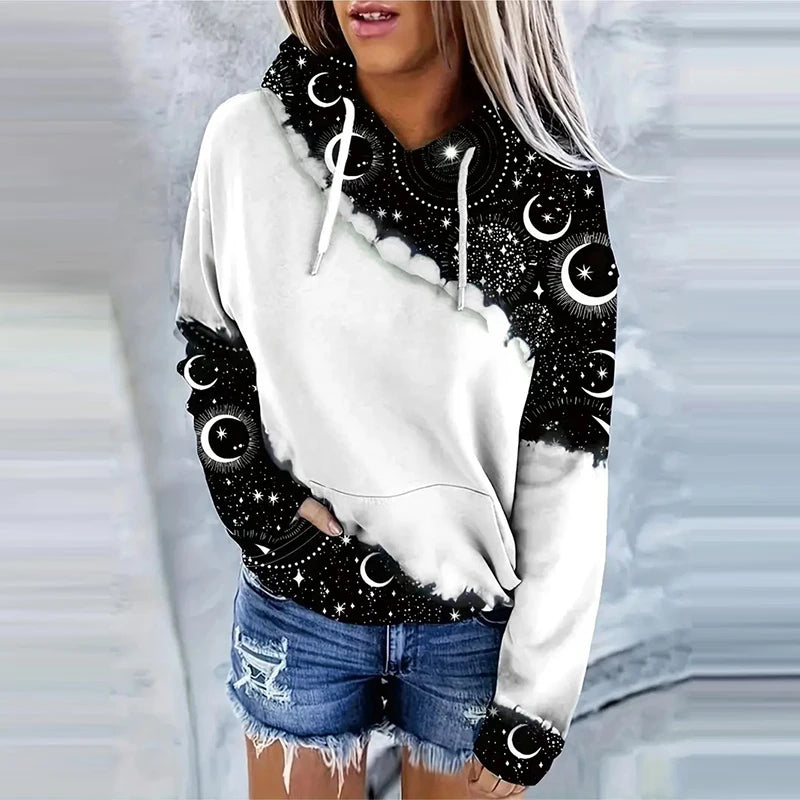 Moon Print Drawstring Hoodie Casual Long Sleeve Hooded Sweatshirt Women's Clothing.