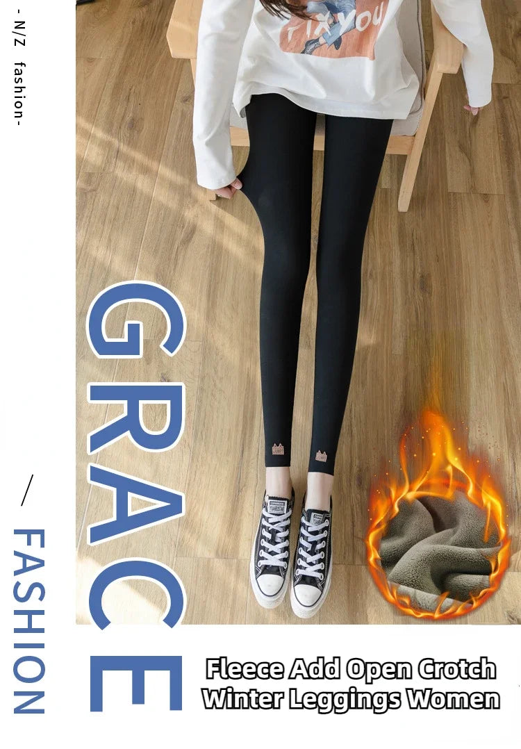 Winter Open Crotch Hot Pants Women Thick Sexy Gym Leggings Warm Keep Sport Push Up Crotchless Clubwear Cloth Fleece Add.