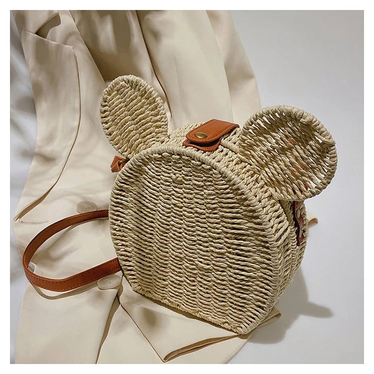 Disney 2023New Ladies Designer Straw Fancy Bag Cute Handbag Rattan Travel Leisure Vacation Small Round Beach Mickey Shoulder Bag - Elevate Your Body