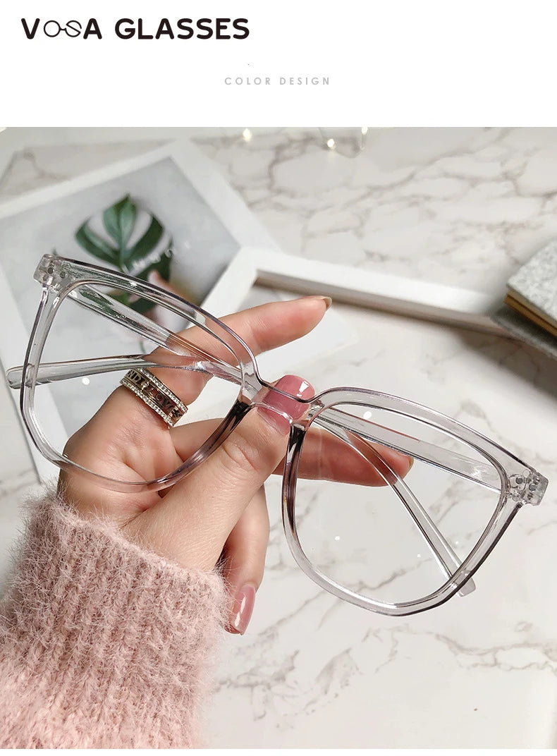 Stylish Oversized Transparent Square Myopia Glasses for Men and Women with Anti-Blue Light Lenses (-600 to 0)