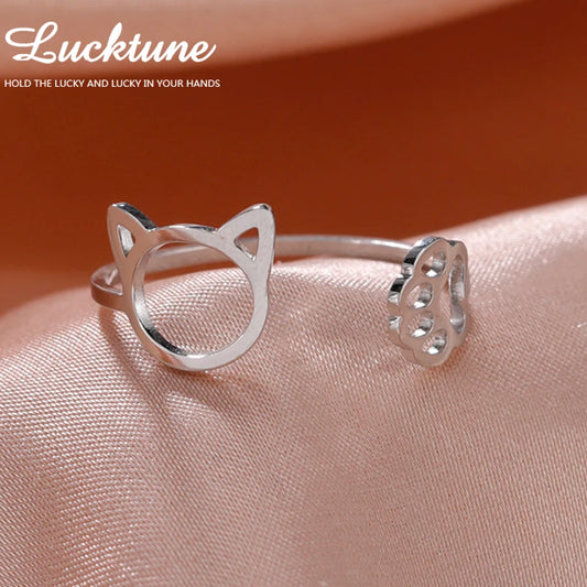 Lucktune Stainless Steel Adjustable Ring Minimalist Cat Paw Snake Cute Animal Ring for Women Fashion Kpop Jewelry Gift Wholesale.