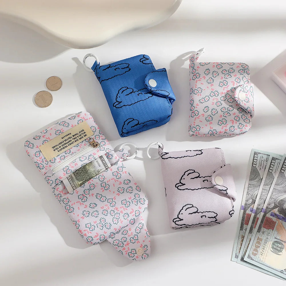 Ins Korean Cute Flower Rabbit Multi-layer Coin Purse Student Simple Card Bag Headphone Data Cable Storage Bag Backpack Pendant.