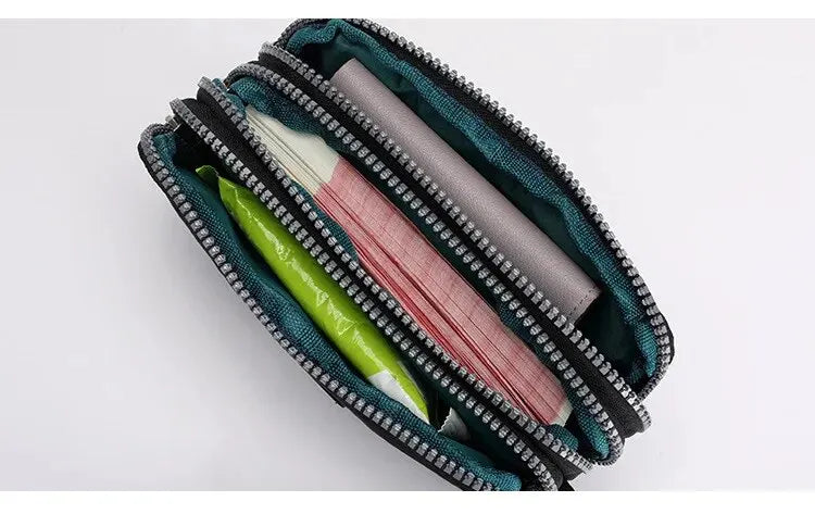 Solid Color Coin Purse Women Handbag Small Wallet Wrinkle Fabric Phone Purse Three Zippers Portable Make Up Bag