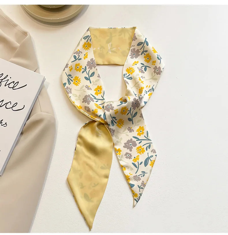 Elegant Yellow and White Silk Scarf for Women - Versatile Hair Tie and Bag Accessory for Spring and Summer.