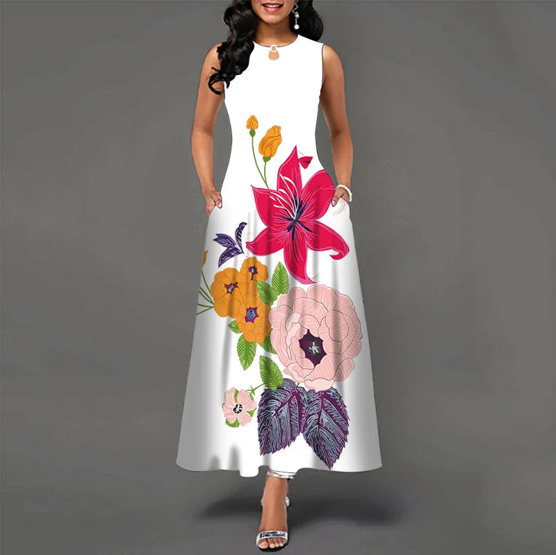 Flower Print New Casual Sleeveless Long Dress Women's V-Neck Printed Dress Swing Bohemian Retro Dresses - Elevate Your Body