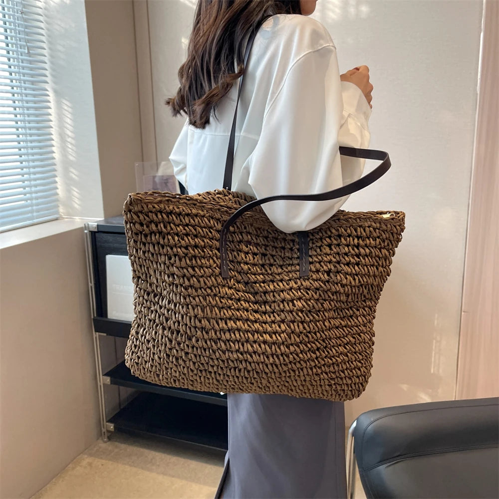 MOODS Luxury Design Straw Woven Tote Bags For Women Large Capacity Shoulder Beach Bag Pure Color Summer New Big Shopping Handbag.