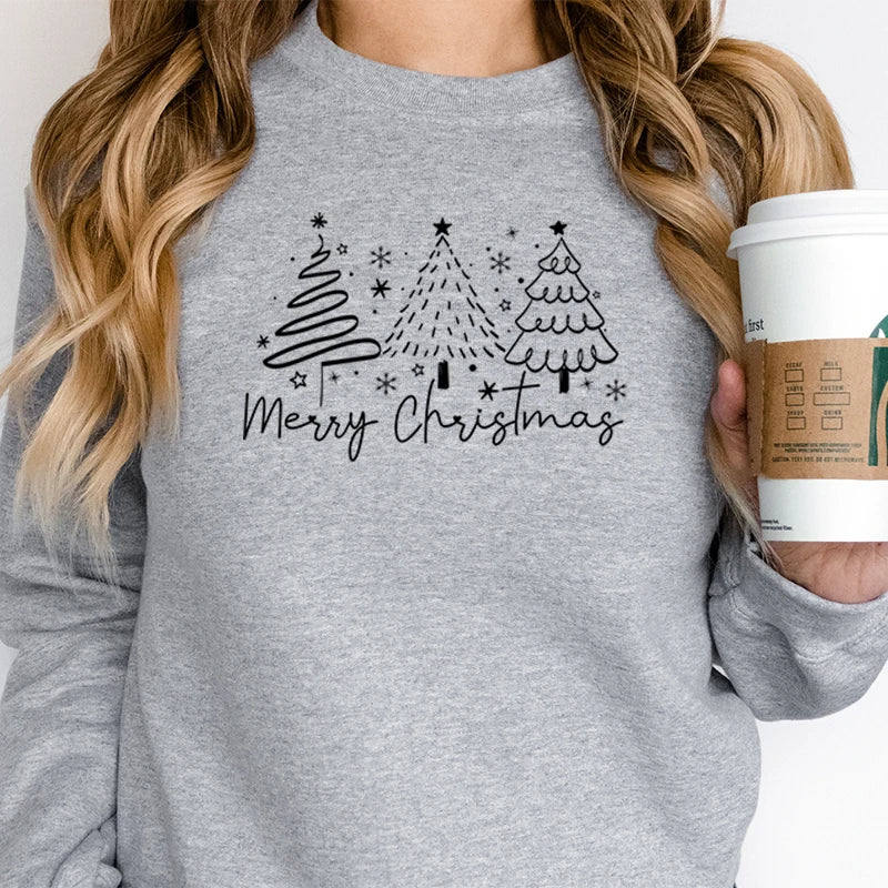 Merry Christmas Tree Trending Sweatshirts Women Funny Festive Fashion Casual Hoodies Trendy Christmas Tree Design Holiday Hoodie.