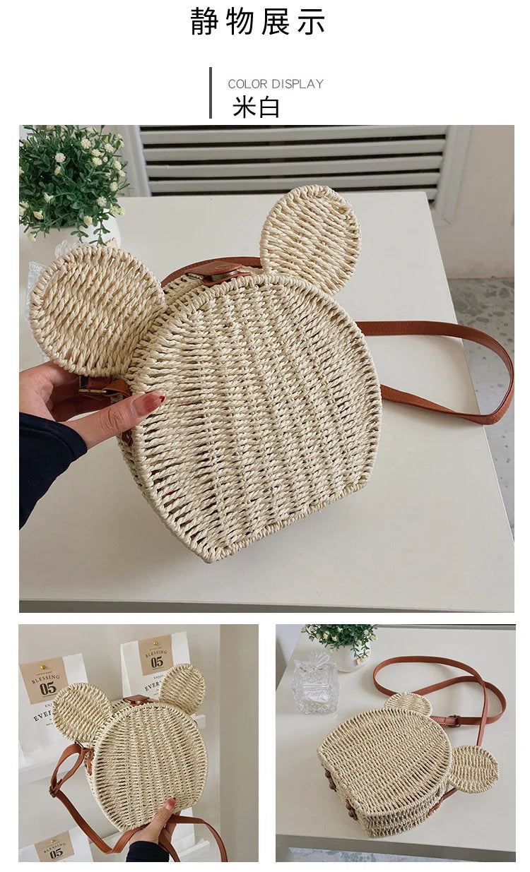 Disney 2023New Ladies Designer Straw Fancy Bag Cute Handbag Rattan Travel Leisure Vacation Small Round Beach Mickey Shoulder Bag.