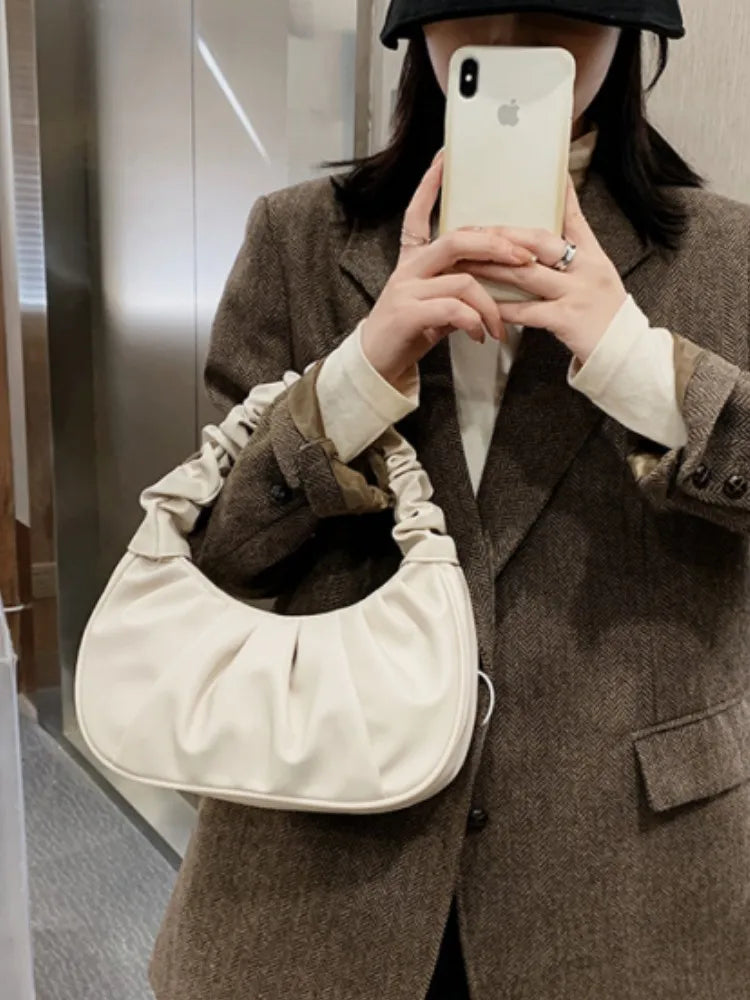 Fashion Pleated Handlebags for Women PU Cloud Bags Leisure Armpit Bag Shopping Shoulder Bags Dumpling Handbag Female Hand Bags.