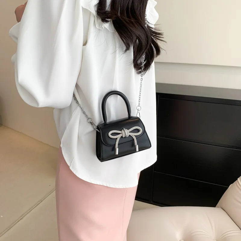 Bow Design Solid Color Mini Shoulder Bag PU Leather Flap Crossbody Bags for Women 2024 Fashion Female Chain Purse and Handbags.