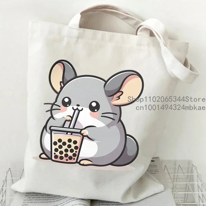 Cute Mouse Bobo Tea Pattern Canvas Shoulder Bag Women Animal Milk Tea Graphic Tote Bags Panda Frog Cartoon Women Shopping Purse.