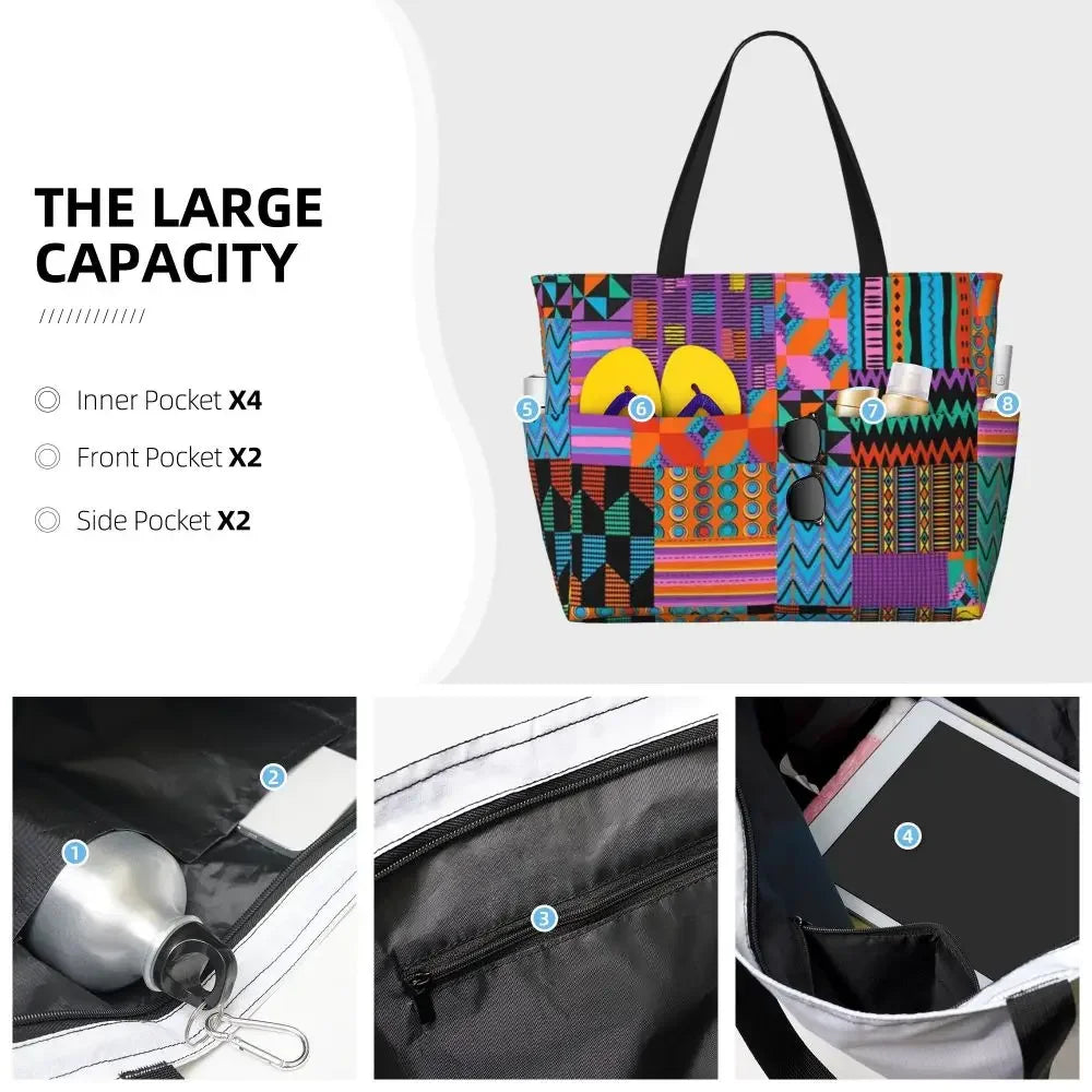 Custom African Kente Cloth Design Tote Bag for Women Large Capacity Traditional Africa Ethnic Ankara Beach Gym Travel Bags