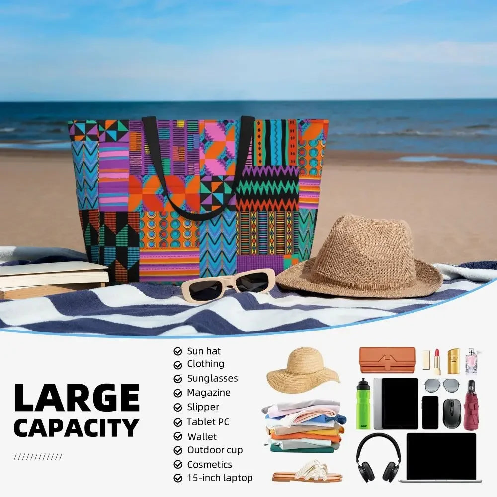 Custom African Kente Cloth Design Tote Bag for Women Large Capacity Traditional Africa Ethnic Ankara Beach Gym Travel Bags