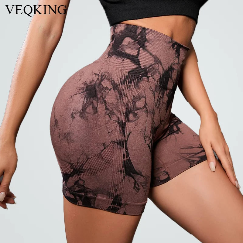 VEQKING New Seamless Tie-Dye Yoga Shorts High Waist Sport Tights Legging Peach Buttocks Gym Mini  Shorts  Running Workout Cloth.