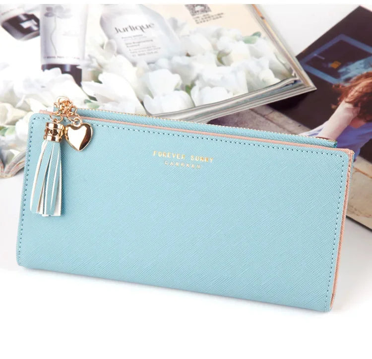 Women's Long Wallet,Multi Card slots Handheld Clutches,Tassel Zipper Clutch Purse,Slim Large Capacity Leather Mobile Phone Bag.