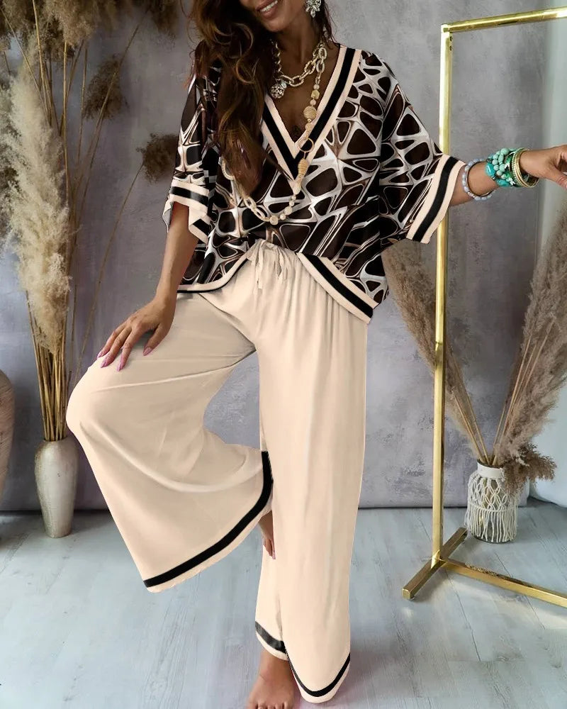 Sexy V Neck Midi Sleeve Shirt Pants Set Spring Summer Fashion Print Blouse Solid Trousers Two Piece Sets For Women Outfit 2024.