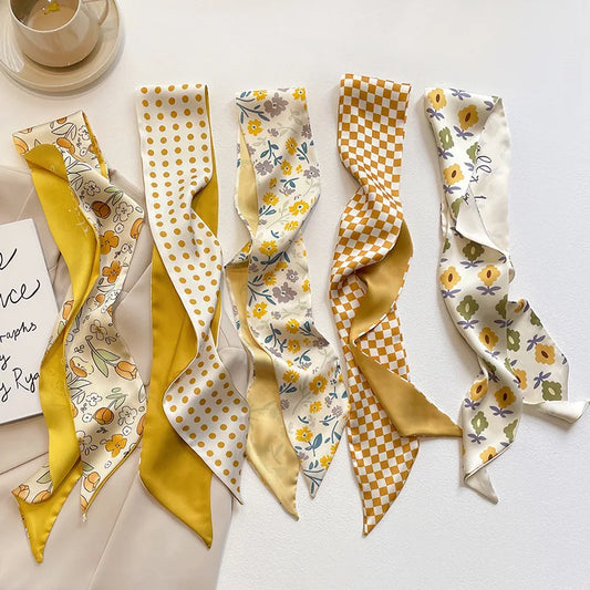 Elegant Yellow and White Silk Scarf for Women - Versatile Hair Tie and Bag Accessory for Spring and Summer.