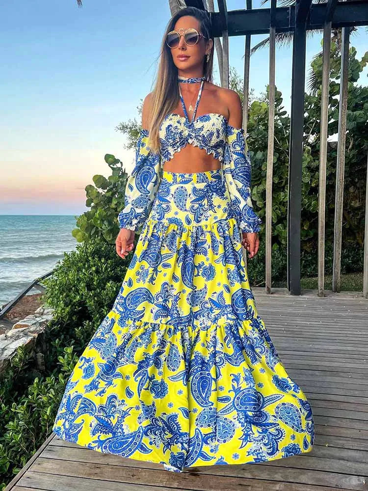 New Two Pieces Skirt Sets Suspenders Tube Top Skirts Sweet Printed Bra Bare Waist Chic Evening Party Clothing Beach Dance Robe.