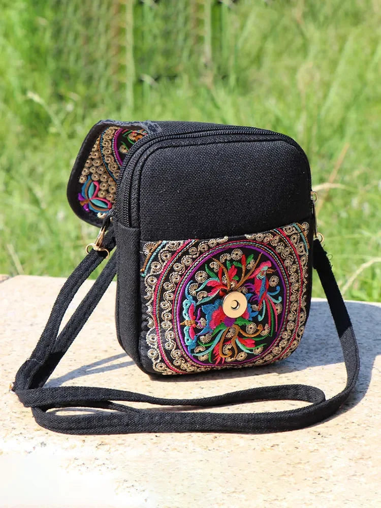 1PC Embroidered National Style Cloth Bag Waist Bag Oblique Span Shoulder Coin Mini Wallet Carry Vertical Square.