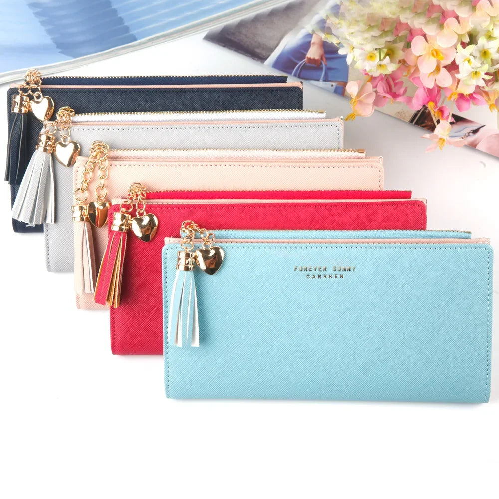 Women's Long Wallet,Multi Card slots Handheld Clutches,Tassel Zipper Clutch Purse,Slim Large Capacity Leather Mobile Phone Bag.