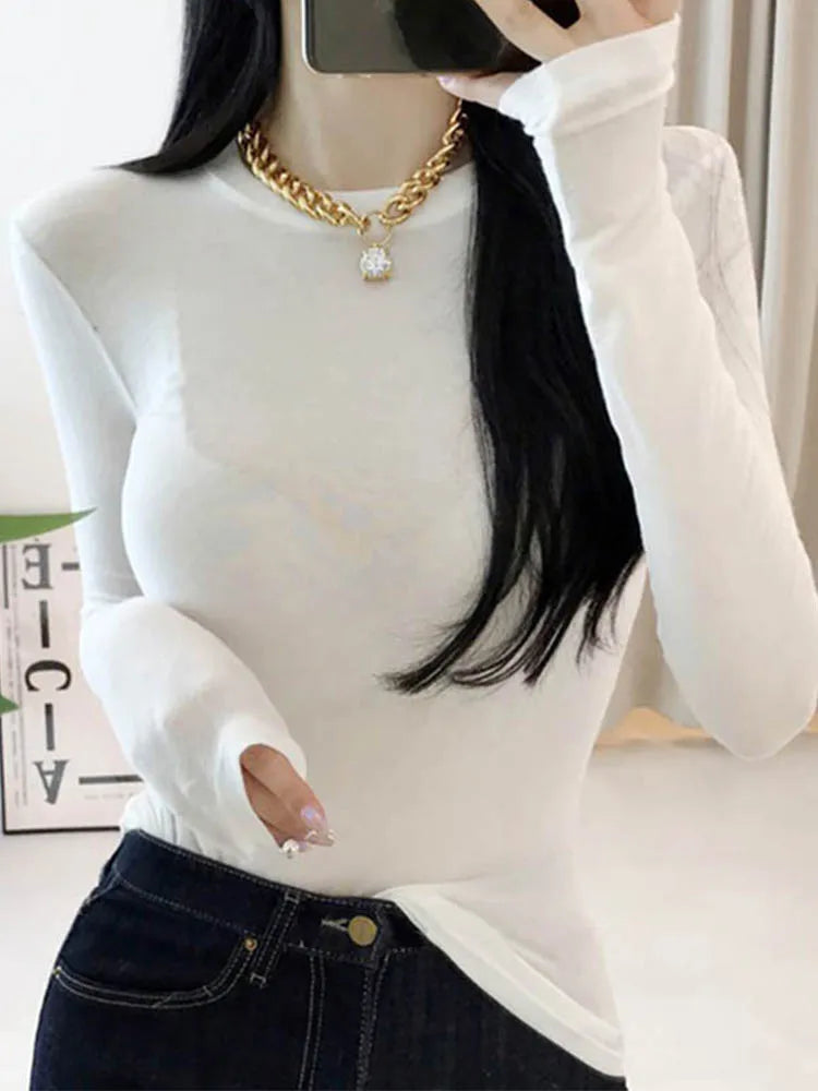 Thin T Shirt Women Cotton Long Sleeve Top T-Shirts Korean Style Slim Elastic Woman Clothes Tee Shirt Spring Camisetas De Mujer.