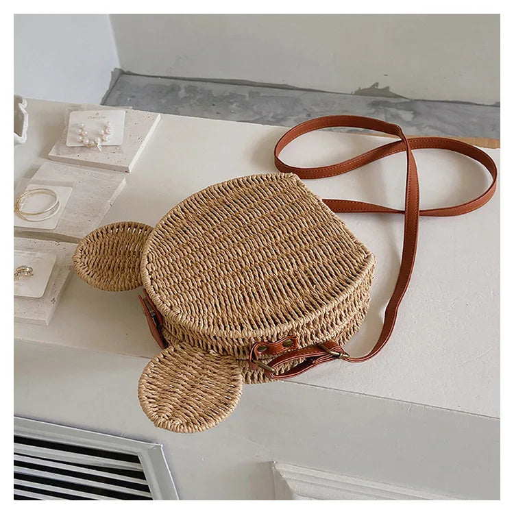 Disney 2023New Ladies Designer Straw Fancy Bag Cute Handbag Rattan Travel Leisure Vacation Small Round Beach Mickey Shoulder Bag - Elevate Your Body