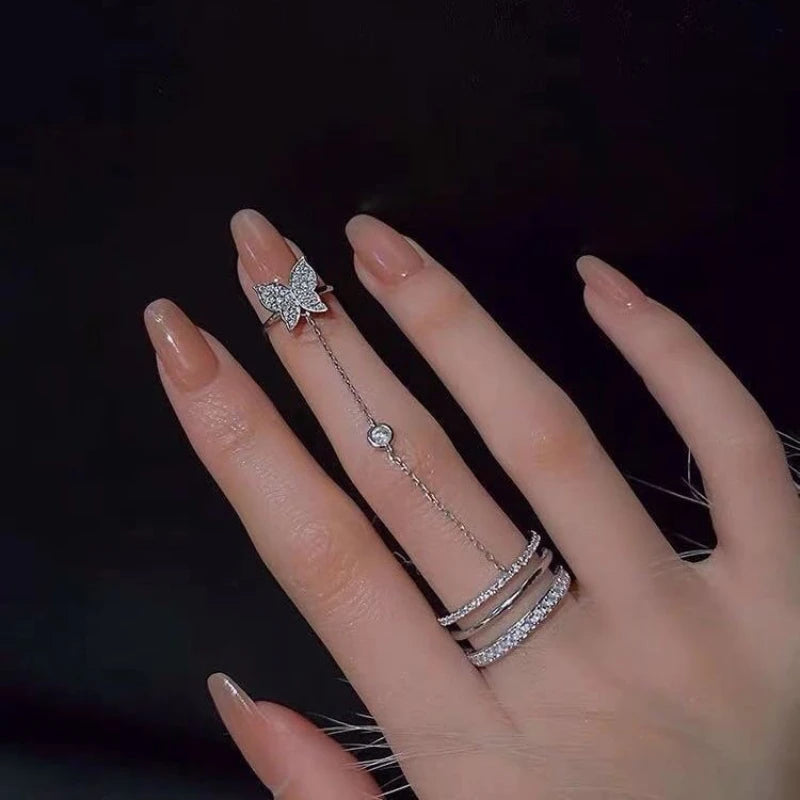 Trendy Double Finger Chain Rings for Women Ring Set Tassel Butterfly Cross Punk Rings Jewelry Ladies Fashion HipHop Jewelry.