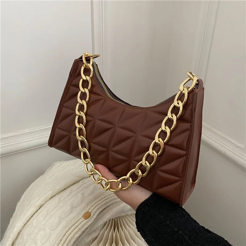 100% Polyurethane Solid Color Stitching Underarm Bag Chain One-shoulder WOMEN'S Bag.