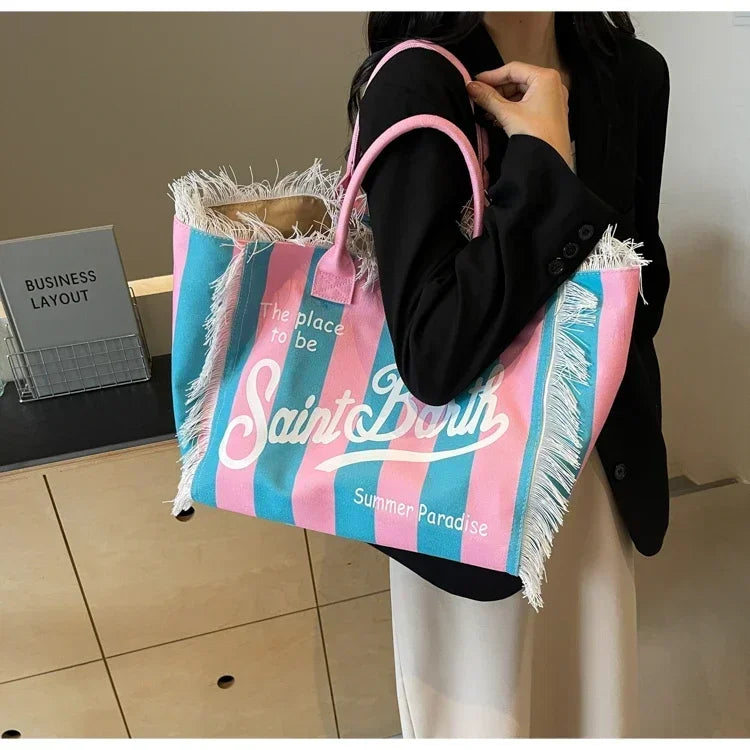 Popular Korean letters tassel canvas bag large-capacity bag simple commuting students to single shoulder Tote bag - Elevate Your Body