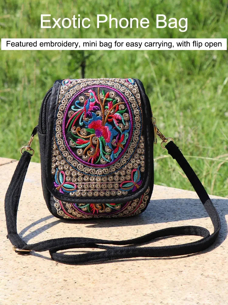 1PC Embroidered National Style Cloth Bag Waist Bag Oblique Span Shoulder Coin Mini Wallet Carry Vertical Square.