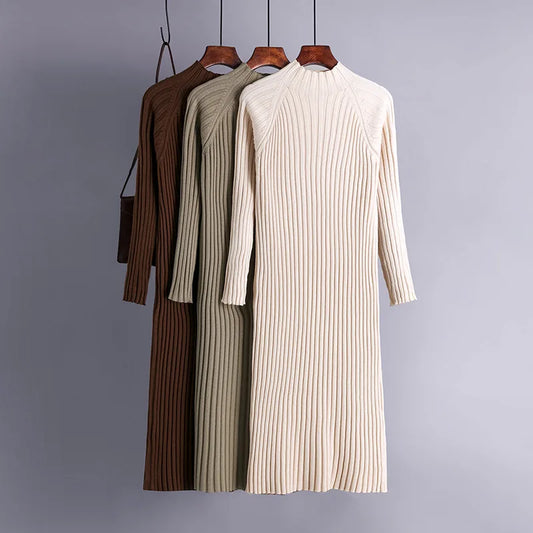 Chic Autumn winter maxi thick Sweater dress Women flare Sleeve casual warm straight long Sweater dress female loose knit dress.