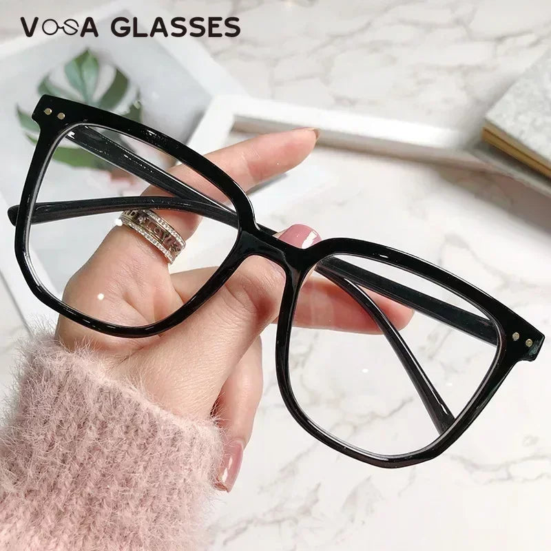 Stylish Oversized Transparent Square Myopia Glasses for Men and Women with Anti-Blue Light Lenses (-600 to 0).