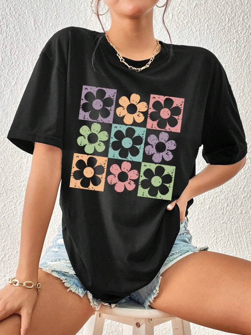 Nine Chrysanthemums Of Different Colors Women Tshirt Street Hip Hop Short Sleeve Oversized Tee Shirt Casual Cotton Clothes.