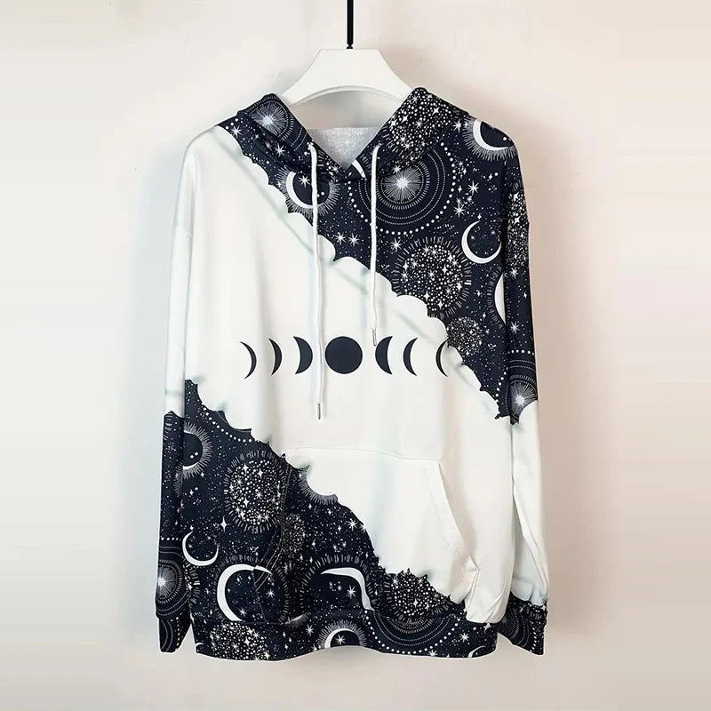 Moon Print Drawstring Hoodie Casual Long Sleeve Hooded Sweatshirt Women's Clothing.