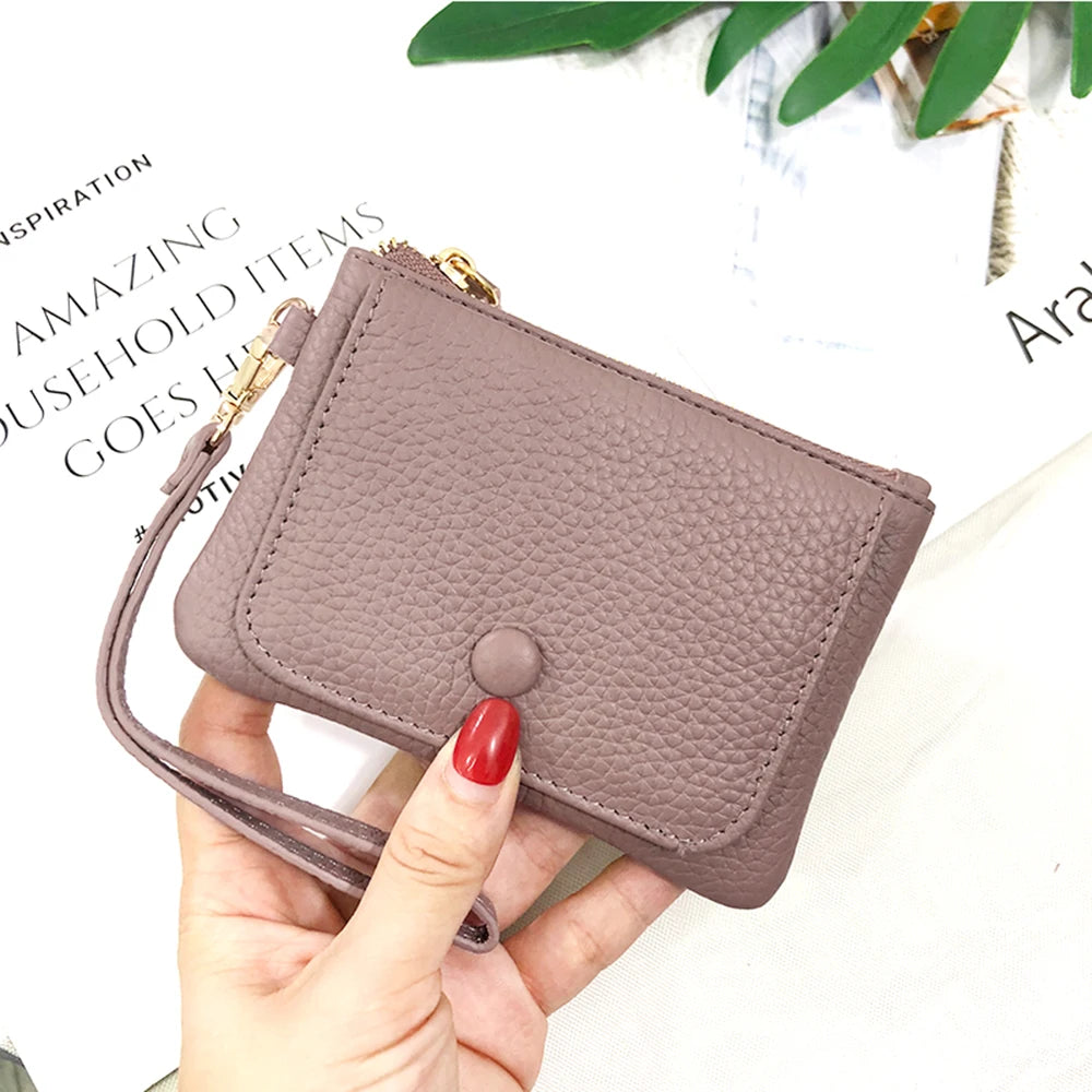 Custom Letters Women Coin Purse Genuine Leather Lady Keychain Card Holder Small Lanyard Wallet Personalize Name Zip Wristlet Bag.