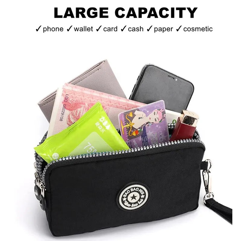 Solid Color Coin Purse Women Handbag Small Wallet Wrinkle Fabric Phone Purse Three Zippers Portable Make Up Bag.