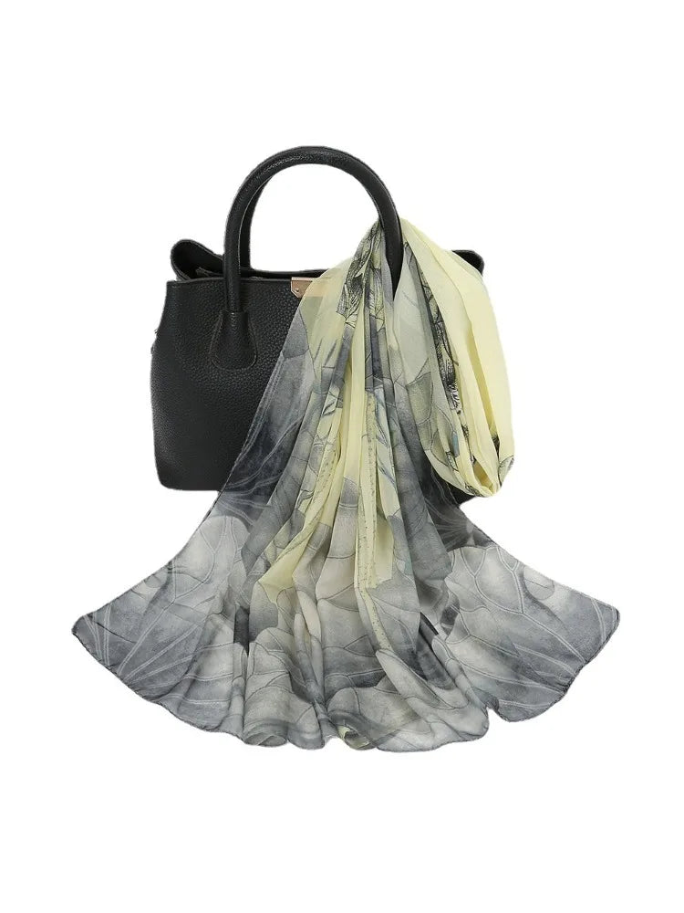 Elegant Lotus Flower Chiffon Scarf for Women - Stylish Sunscreen Accessory for Beach Travel and Holidays.