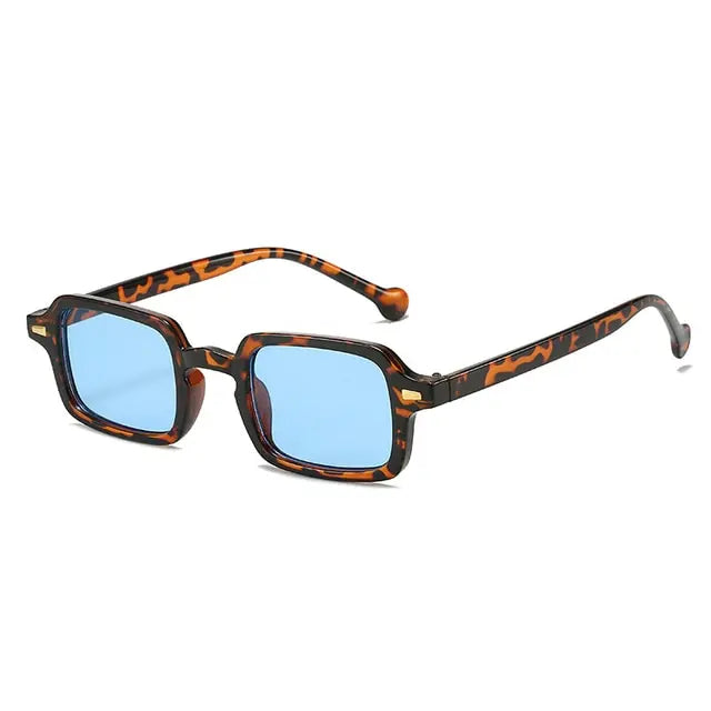 Trendy Square Retro Sunglasses for Men and Women with Rivet Accents and Gradient Lenses - UV400 Protection in Leopard Blue.