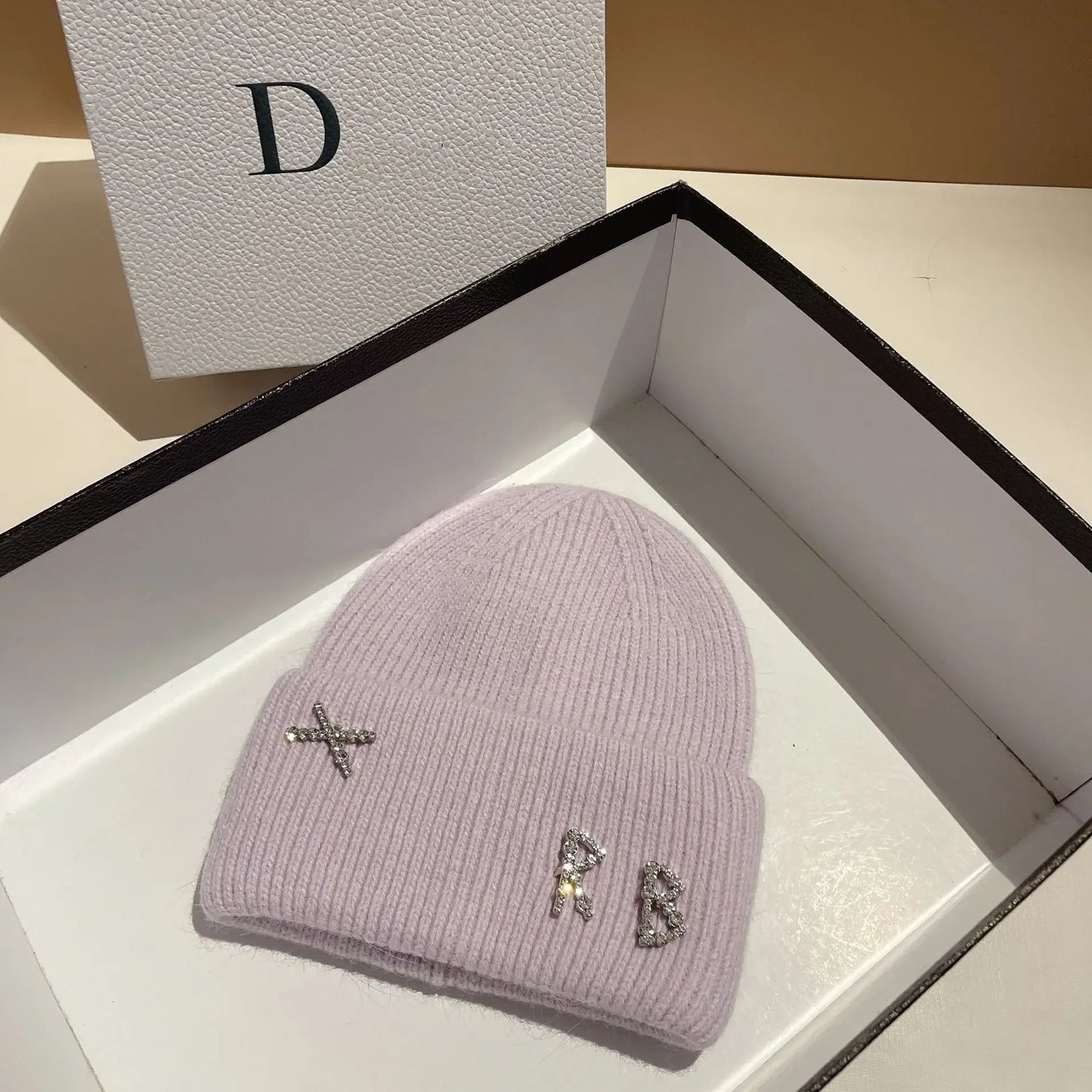 Luxury Rabbit Fur Beanie with Diamond Letters for Women - Cozy Winter Knitted Hat for Casual Outdoor Activities.