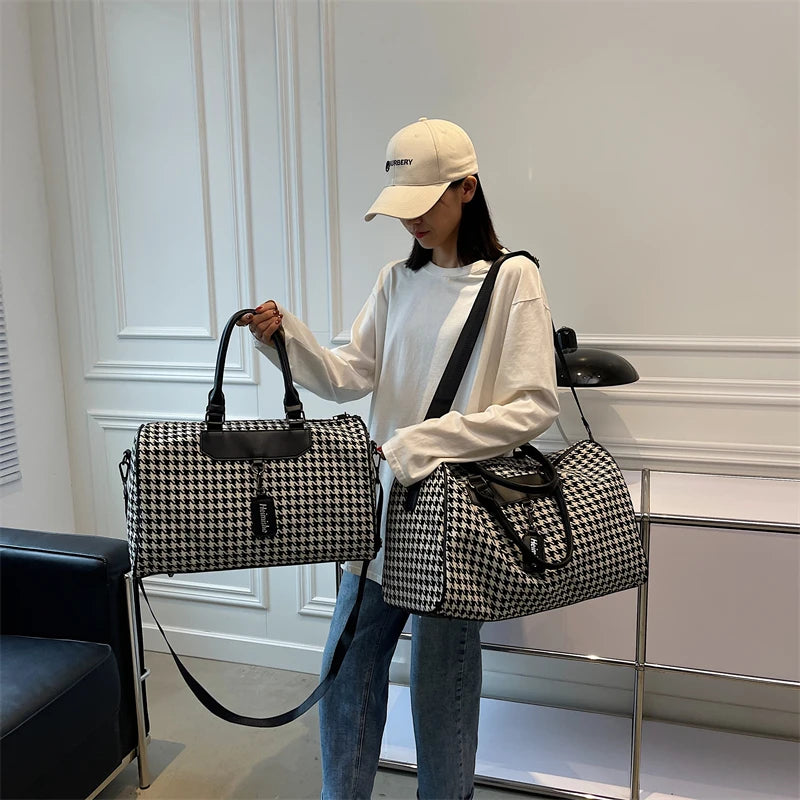 Large Houndstooth Women's Travel Bag Organizer Sports Gym Bag Weekend Duffle Handbag Shoulder Crossbody Bags Packing Cubes Totes.